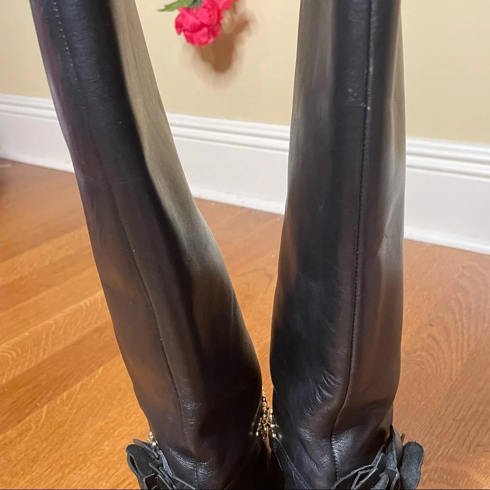 Tory Burch Leather Floral Blossom Knee High Heeled Boot